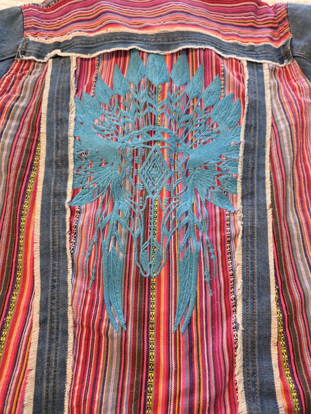 Savanna Jane Denim Western Jacket with Pink & Red Striped Yoke Embroidered Back - Picture 8 of 14